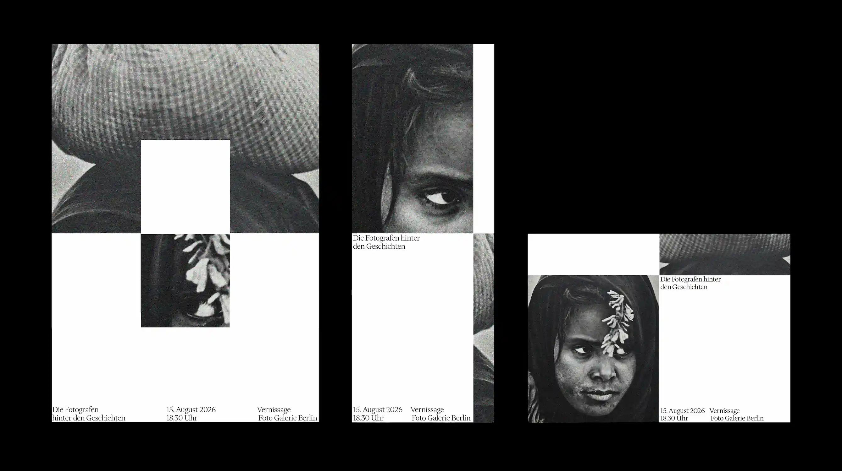 Three layout variations of a black and white photography exhibition poster featuring my key visual