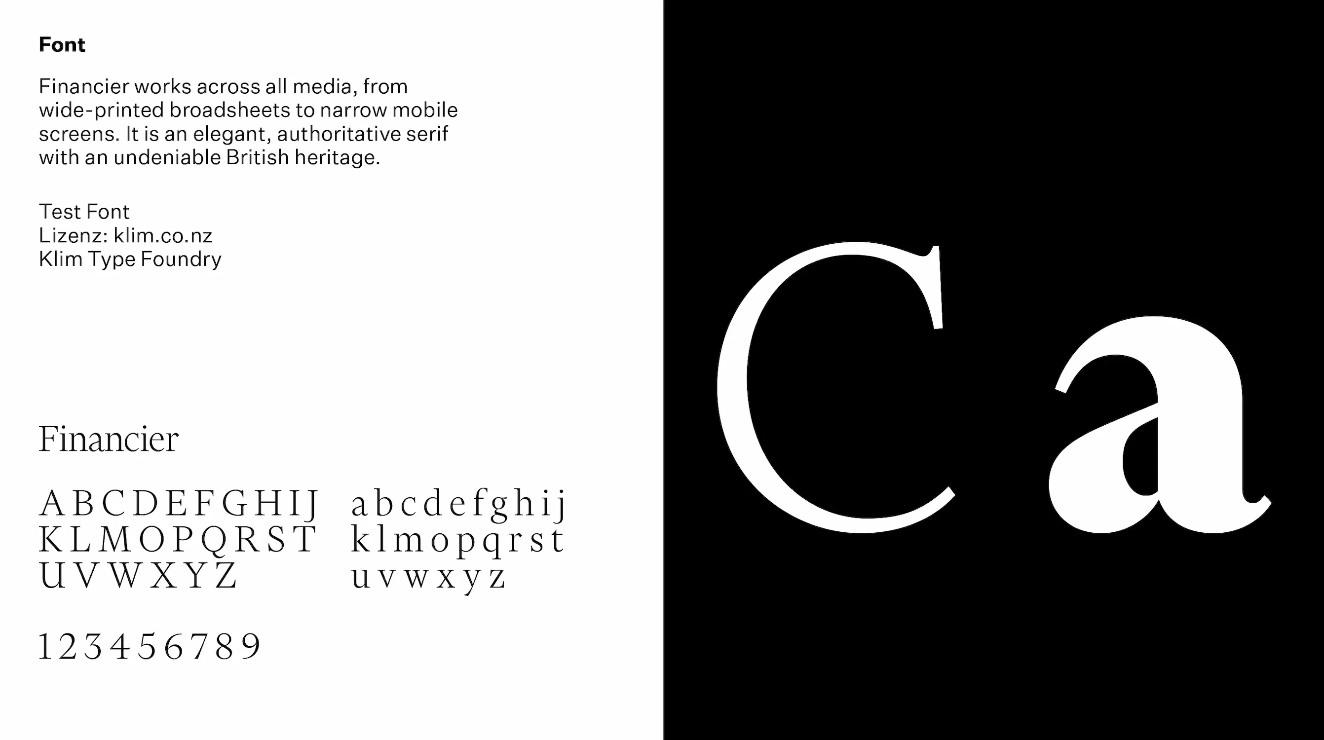 Typography specimen for the Financier font, showing the character set